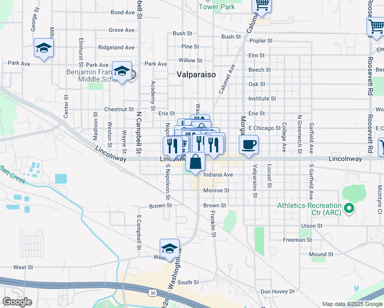 map of restaurants, bars, coffee shops, grocery stores, and more near 54 East Lincolnway in Valparaiso