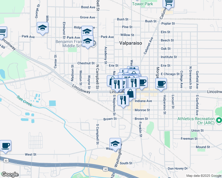map of restaurants, bars, coffee shops, grocery stores, and more near 257 West Lincolnway in Valparaiso