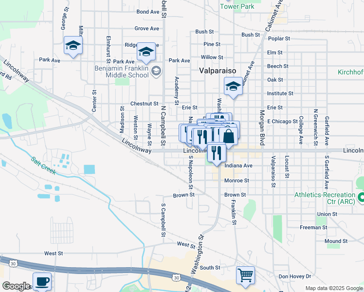 map of restaurants, bars, coffee shops, grocery stores, and more near 257 West Lincolnway in Valparaiso