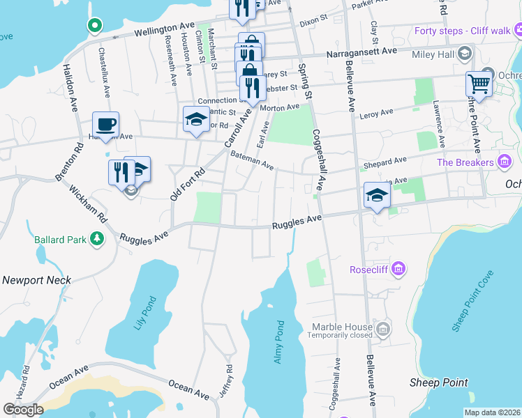 map of restaurants, bars, coffee shops, grocery stores, and more near 122 Ruggles Avenue in Newport