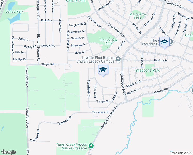 map of restaurants, bars, coffee shops, grocery stores, and more near 487 Shabbona Drive in Park Forest
