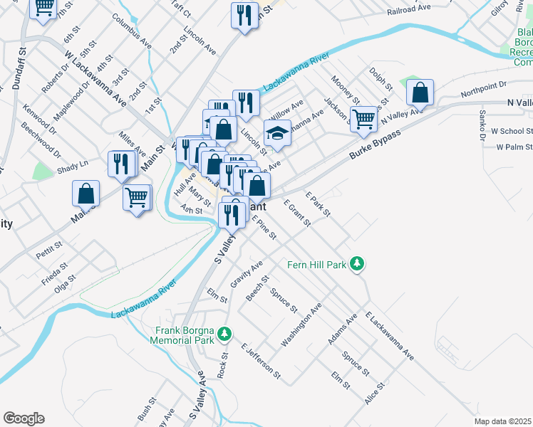 map of restaurants, bars, coffee shops, grocery stores, and more near 521 East Lackawanna Avenue in Olyphant