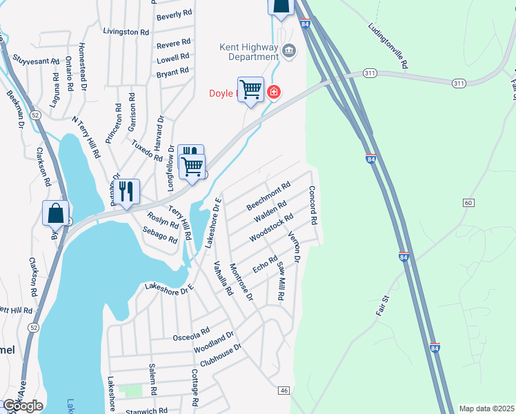map of restaurants, bars, coffee shops, grocery stores, and more near 18 Walden Road in Carmel Hamlet