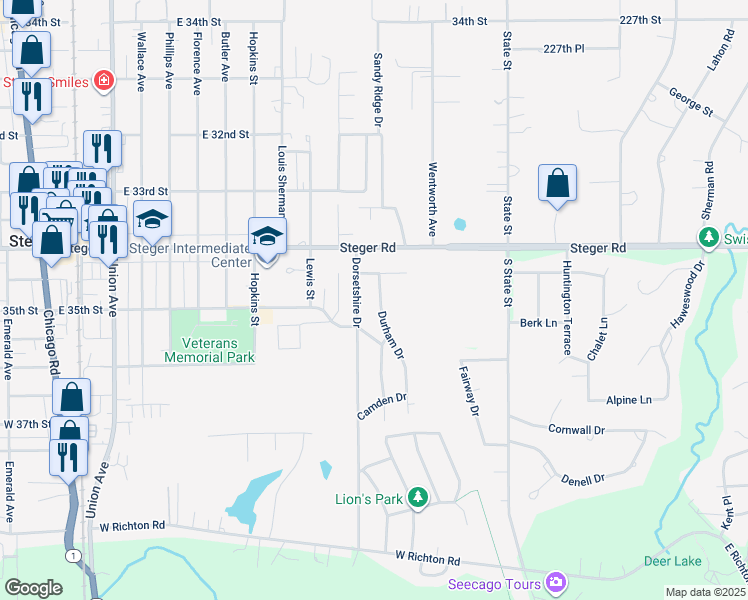 map of restaurants, bars, coffee shops, grocery stores, and more near 200 Durham Drive in Steger