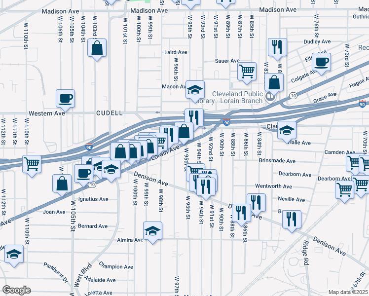 map of restaurants, bars, coffee shops, grocery stores, and more near 3167 West 95th Street in Cleveland