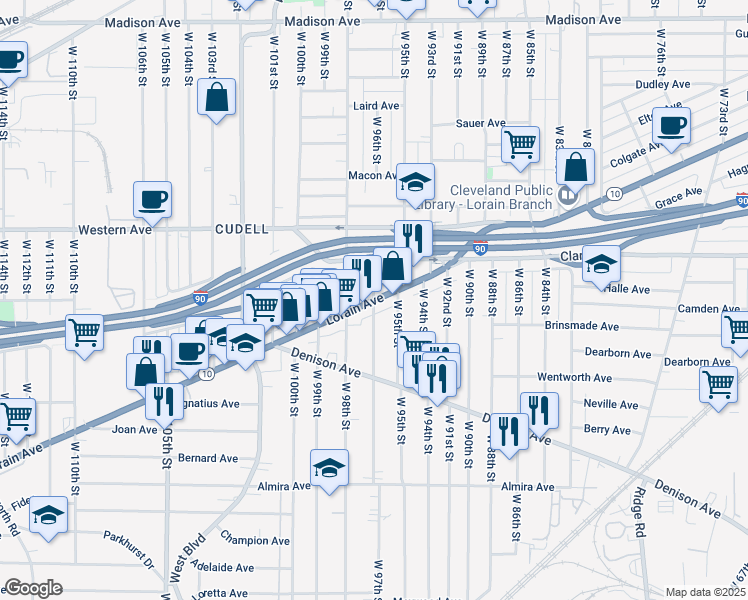 map of restaurants, bars, coffee shops, grocery stores, and more near Lorain Ave & W 97th St in Cleveland