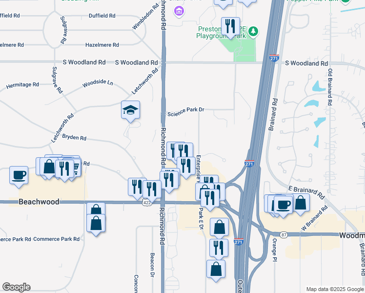 map of restaurants, bars, coffee shops, grocery stores, and more near 3333 Richmond Road in Beachwood