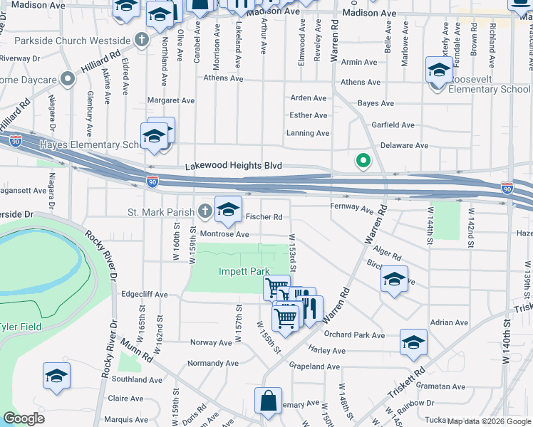map of restaurants, bars, coffee shops, grocery stores, and more near 15402 Montrose Avenue in Cleveland