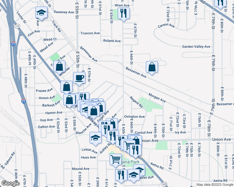 map of restaurants, bars, coffee shops, grocery stores, and more near 6003 Engel Avenue in Cleveland