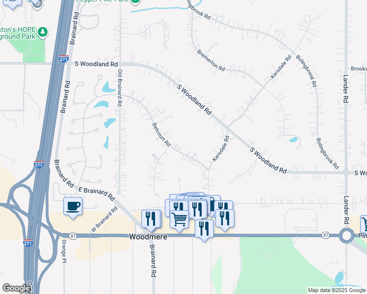 map of restaurants, bars, coffee shops, grocery stores, and more near 28425 Belcourt Road in Pepper Pike