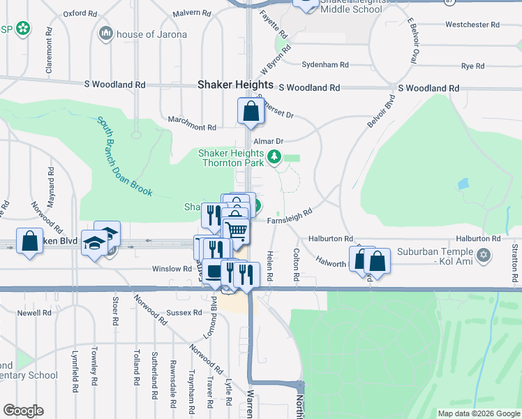 map of restaurants, bars, coffee shops, grocery stores, and more near 3363 Warrensville Center Road in Shaker Heights