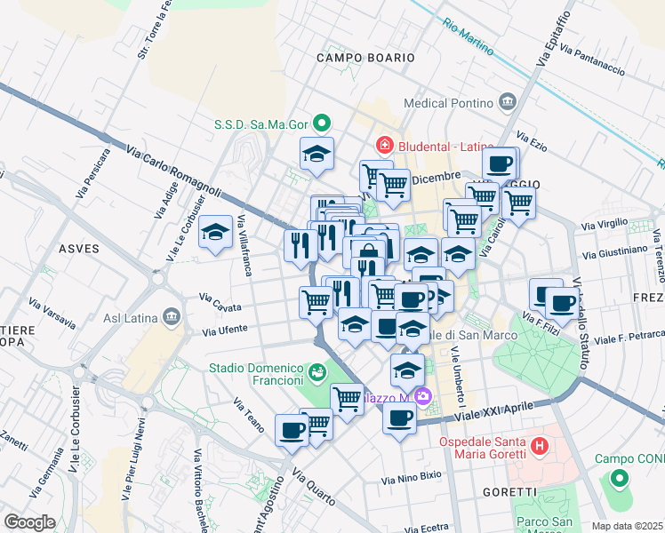 map of restaurants, bars, coffee shops, grocery stores, and more near Piazzale G. Nicolosi in Latina