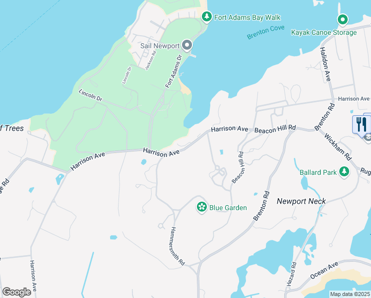 map of restaurants, bars, coffee shops, grocery stores, and more near 256-268 Harrison Ave in Newport