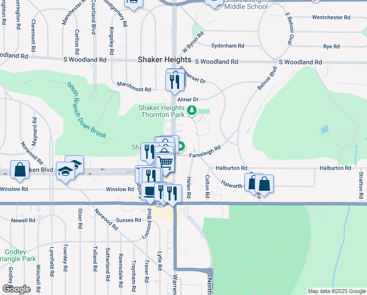 map of restaurants, bars, coffee shops, grocery stores, and more near 20475 Farnsleigh Road in Shaker Heights