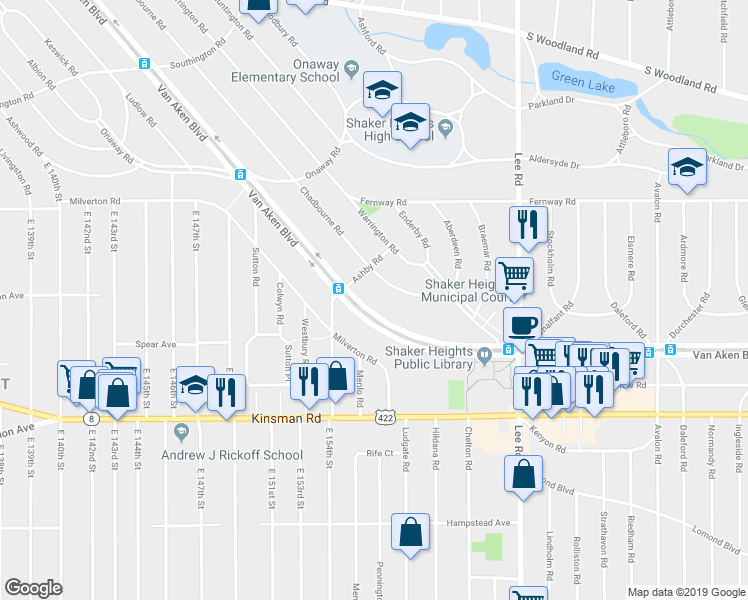map of restaurants, bars, coffee shops, grocery stores, and more near 15700 Van Aken Boulevard in Shaker Heights