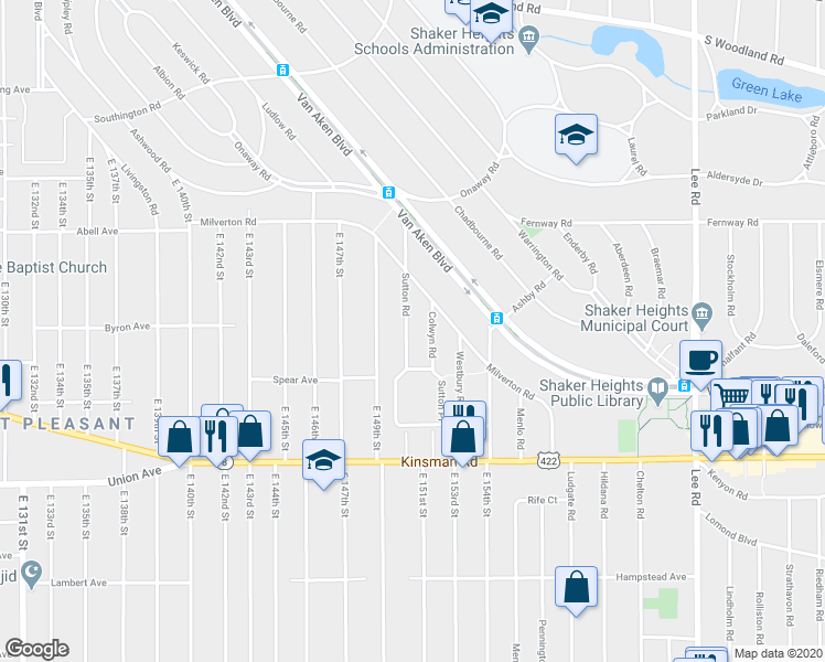 map of restaurants, bars, coffee shops, grocery stores, and more near 3383 Sutton Road in Shaker Heights