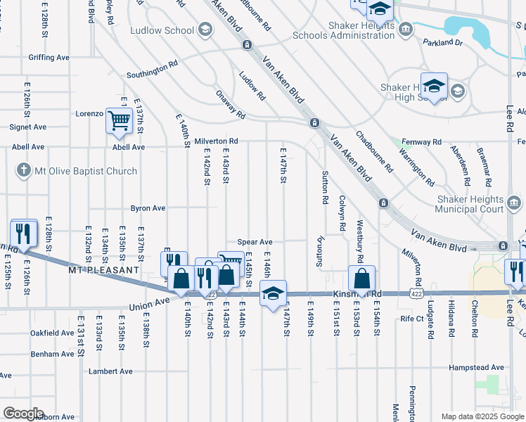 map of restaurants, bars, coffee shops, grocery stores, and more near 3379 East 145th Street in Cleveland