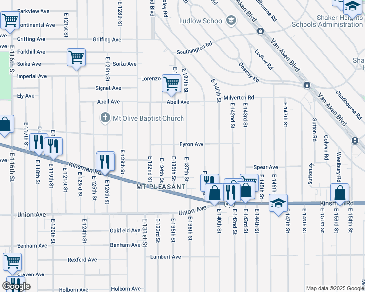 map of restaurants, bars, coffee shops, grocery stores, and more near 3362 East 137th Street in Cleveland