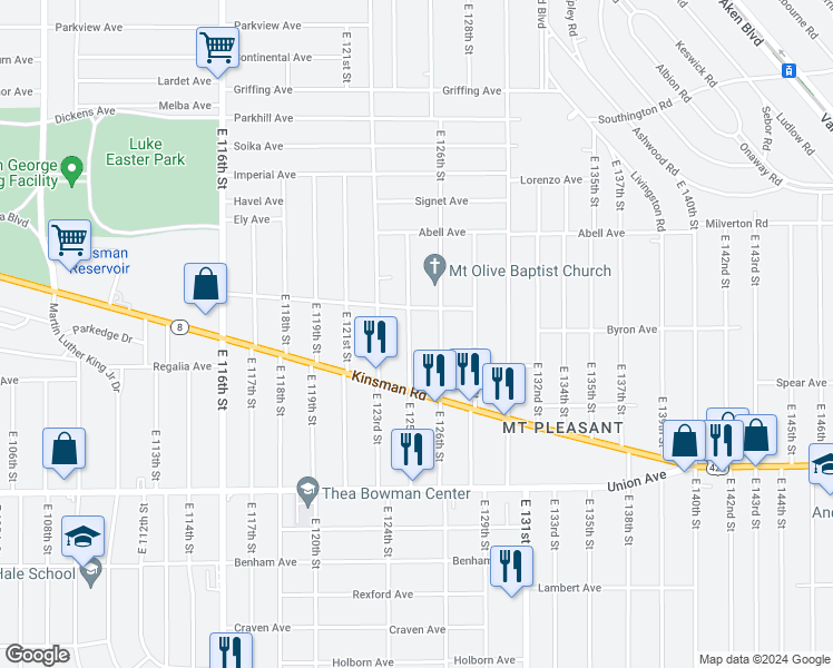 map of restaurants, bars, coffee shops, grocery stores, and more near 3355 East 125th Street in Cleveland