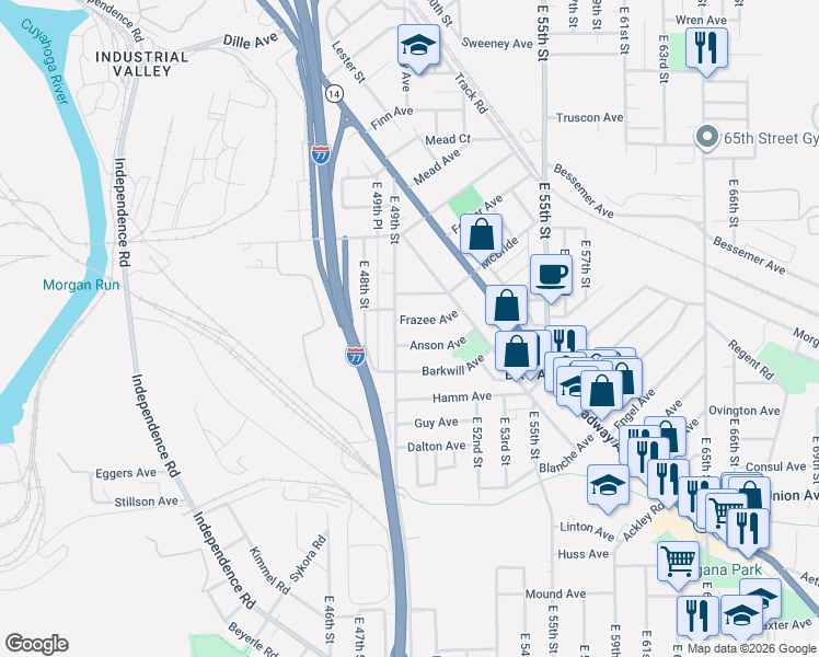 map of restaurants, bars, coffee shops, grocery stores, and more near 3329 East 49th Street in Cleveland