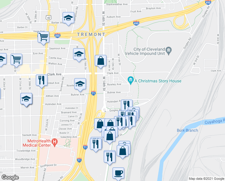 map of restaurants, bars, coffee shops, grocery stores, and more near 1198 Holmden Avenue in Cleveland