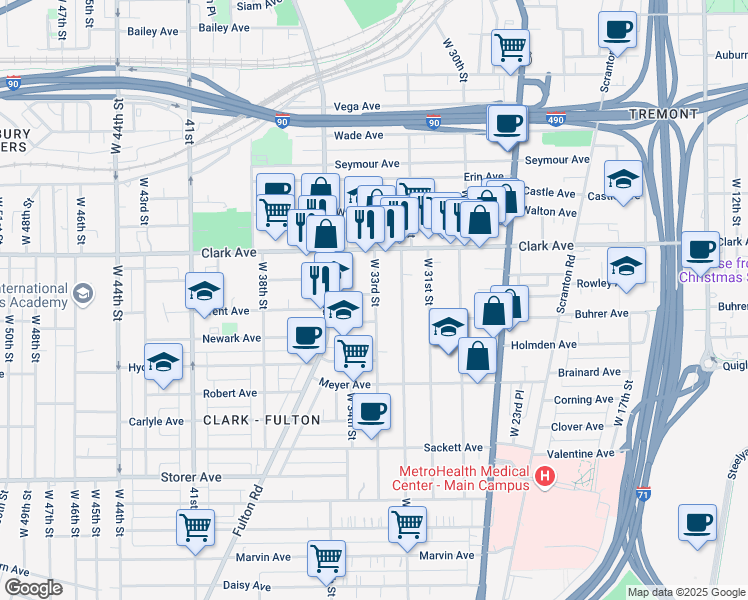 map of restaurants, bars, coffee shops, grocery stores, and more near 3190 West 32nd Street in Cleveland