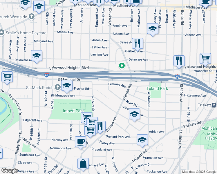 map of restaurants, bars, coffee shops, grocery stores, and more near 15006 Dana Avenue in Cleveland