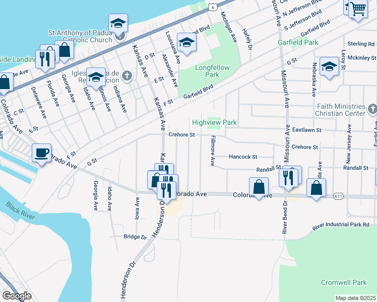 map of restaurants, bars, coffee shops, grocery stores, and more near 1548 Maine Avenue in Lorain