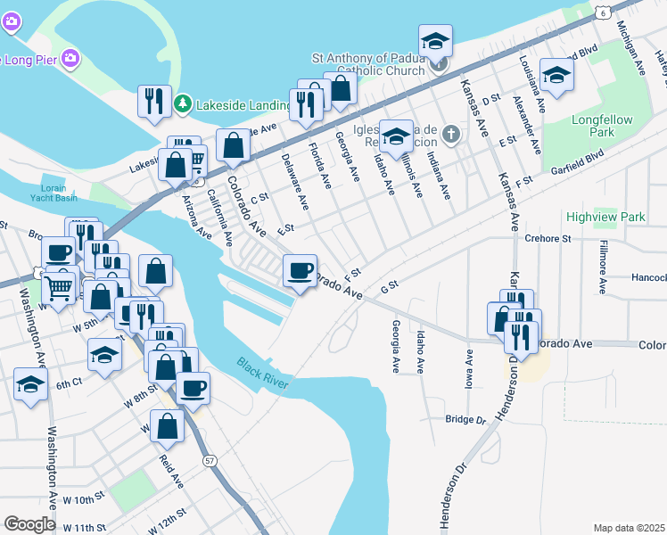 map of restaurants, bars, coffee shops, grocery stores, and more near 477 Colorado Avenue in Lorain