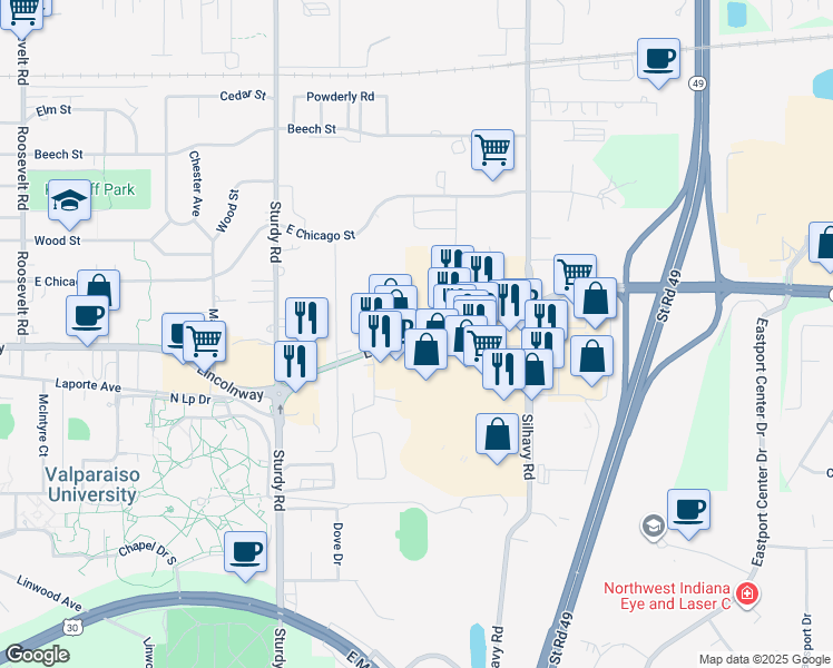 map of restaurants, bars, coffee shops, grocery stores, and more near 2320 Laporte Avenue in Valparaiso