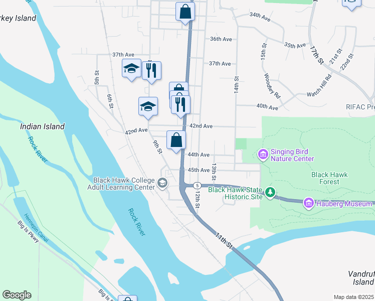 map of restaurants, bars, coffee shops, grocery stores, and more near 4423 11th St in Rock Island