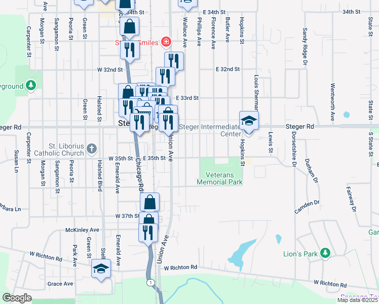 map of restaurants, bars, coffee shops, grocery stores, and more near 3507 Wallace Avenue in Steger