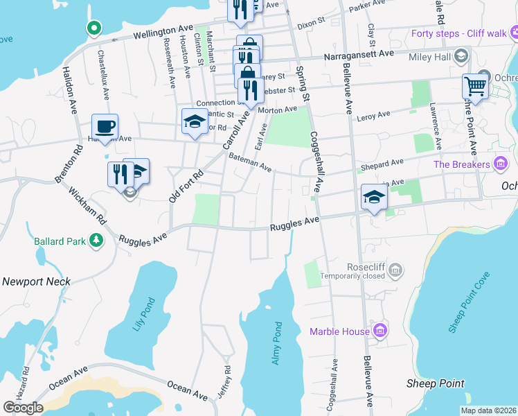 map of restaurants, bars, coffee shops, grocery stores, and more near 122 Ruggles Avenue in Newport