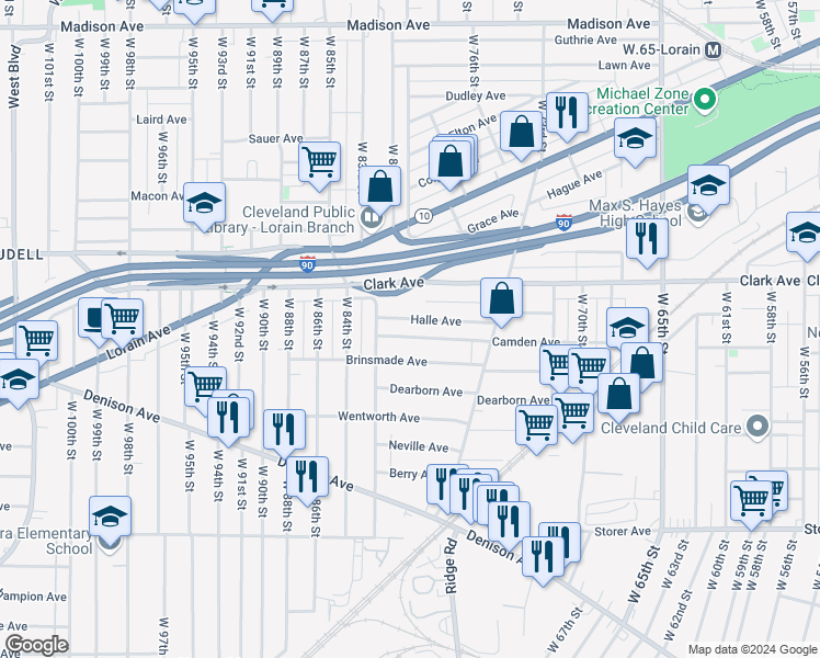 map of restaurants, bars, coffee shops, grocery stores, and more near 7901 Halle Avenue in Cleveland