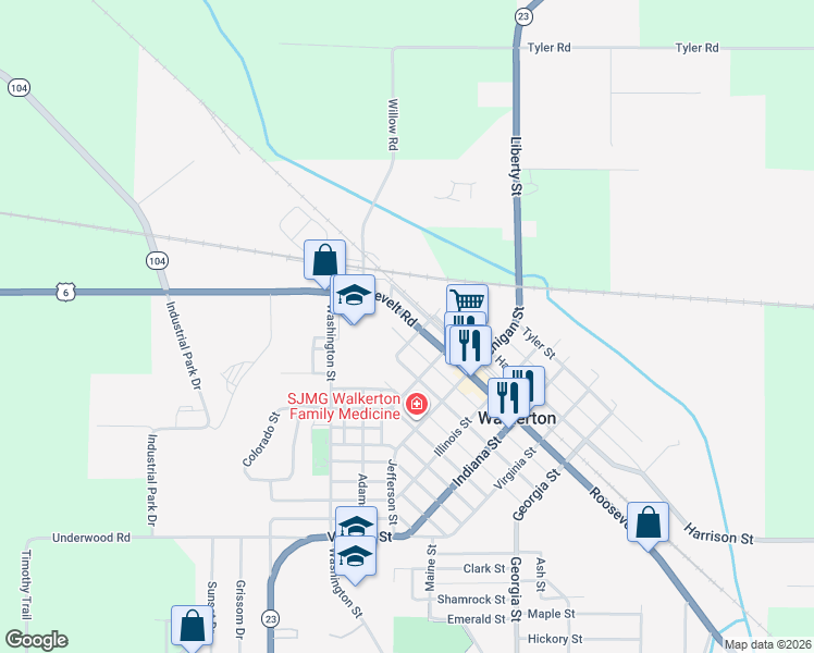map of restaurants, bars, coffee shops, grocery stores, and more near 407 Kentucky Street in Walkerton