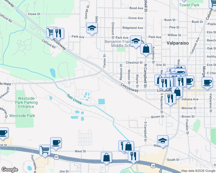 map of restaurants, bars, coffee shops, grocery stores, and more near 855 Kinsey Street in Valparaiso