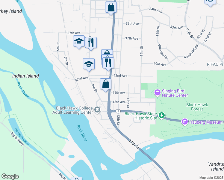map of restaurants, bars, coffee shops, grocery stores, and more near 4423 11th St in Rock Island