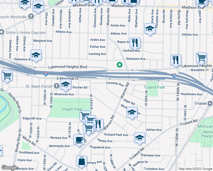 map of restaurants, bars, coffee shops, grocery stores, and more near 15006 Dana Avenue in Cleveland