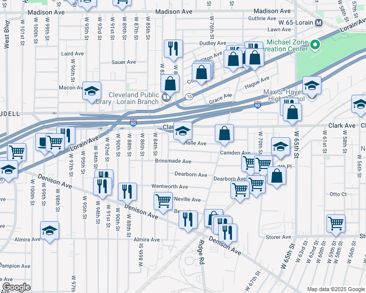 map of restaurants, bars, coffee shops, grocery stores, and more near 7901 Halle Avenue in Cleveland