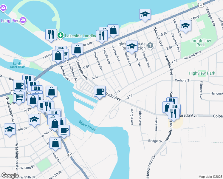 map of restaurants, bars, coffee shops, grocery stores, and more near 448 Delaware Avenue in Lorain