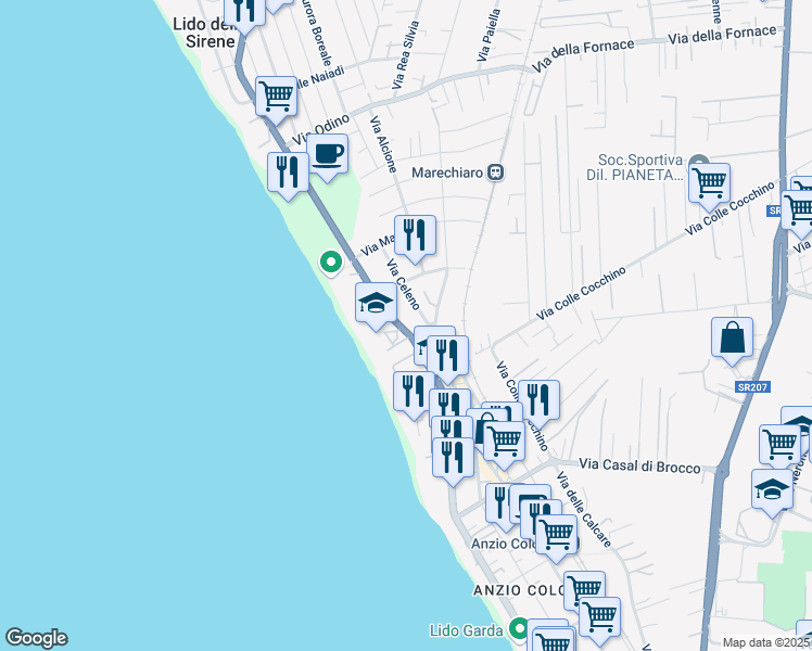 map of restaurants, bars, coffee shops, grocery stores, and more near 56 Via Caligola in Anzio