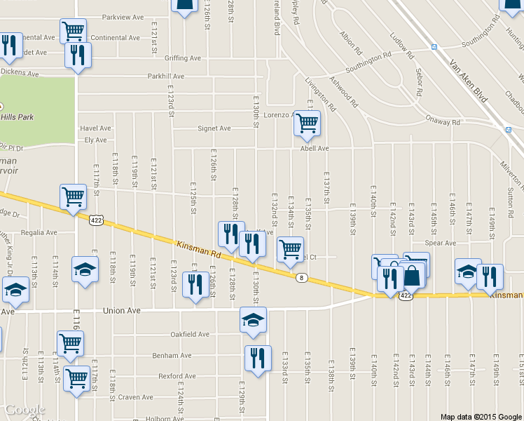 map of restaurants, bars, coffee shops, grocery stores, and more near 3325 East 130th Street in Cleveland