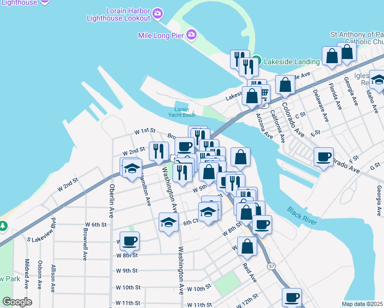 map of restaurants, bars, coffee shops, grocery stores, and more near in Lorain