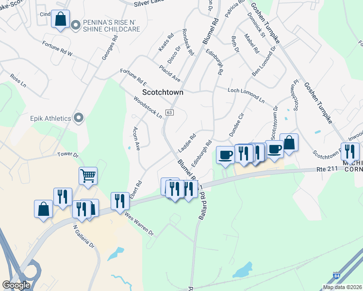 map of restaurants, bars, coffee shops, grocery stores, and more near 11 Laddie Road in Middletown