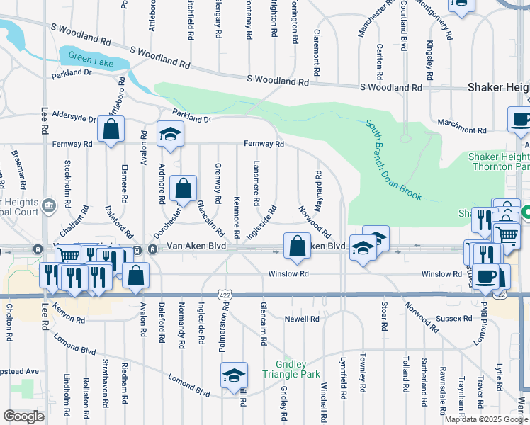 map of restaurants, bars, coffee shops, grocery stores, and more near 3335 Lansmere Road in Shaker Heights