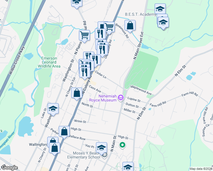 map of restaurants, bars, coffee shops, grocery stores, and more near 14 Stella Drive in Wallingford