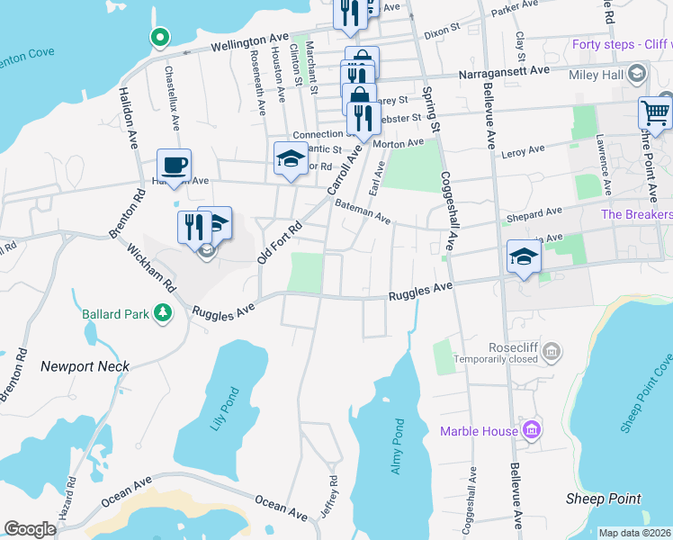 map of restaurants, bars, coffee shops, grocery stores, and more near 16 Florence Avenue in Newport