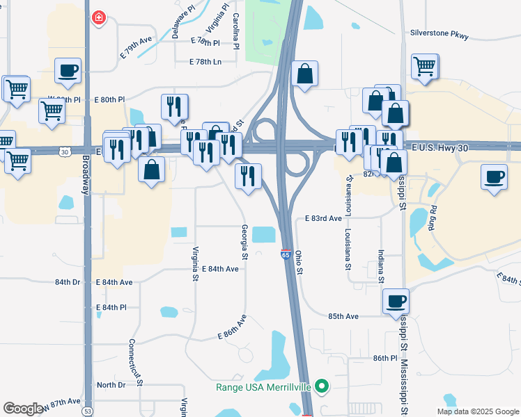 map of restaurants, bars, coffee shops, grocery stores, and more near 8275 Georgia Street in Merrillville