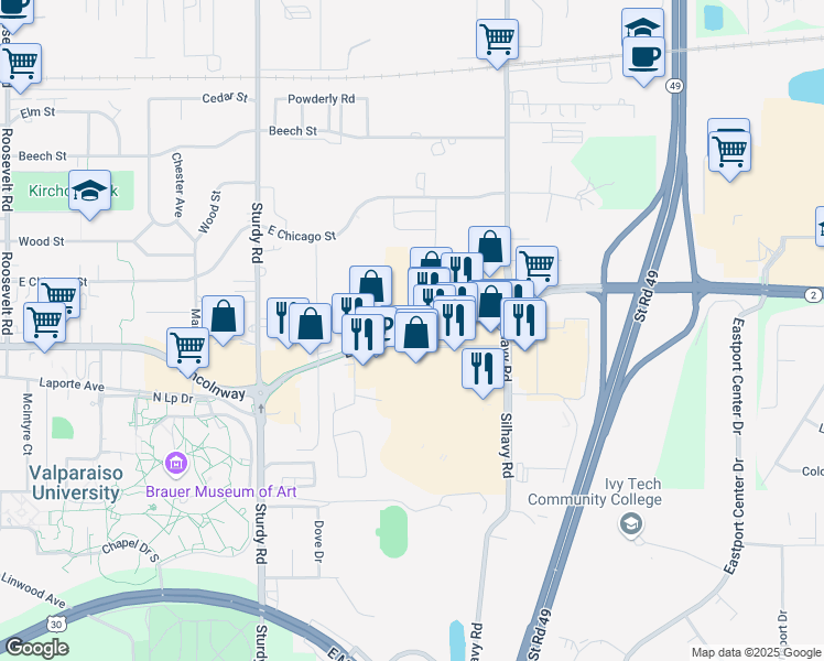 map of restaurants, bars, coffee shops, grocery stores, and more near 2420 Laporte Avenue in Valparaiso