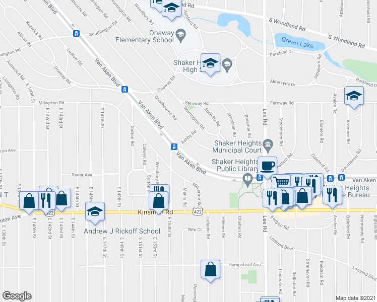 map of restaurants, bars, coffee shops, grocery stores, and more near 15706 Chadbourne Road in Shaker Heights